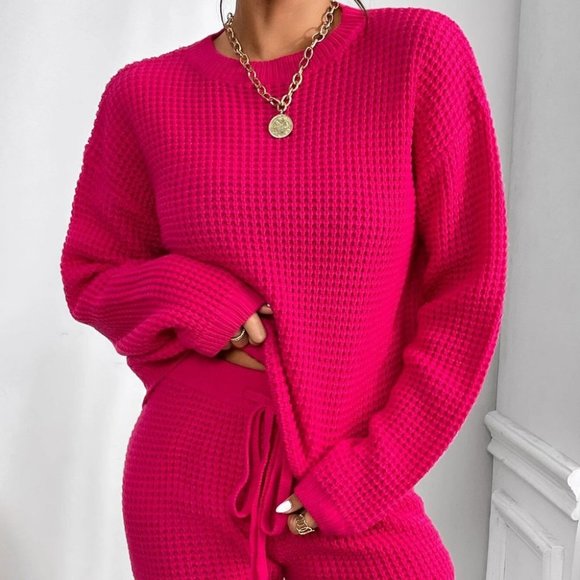 Pink Sweater & Drawstring Waist Knit Shorts